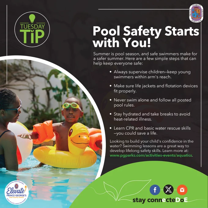 Graphic titled “Tuesday Tip: Pool Safety Starts with You!” featuring a child wearing goggles and floaties in a yellow duck swim ring in a pool, supervised by an adult nearby. Safety tips include supervising children, using properly fitted life jackets, never swimming alone, staying hydrated, following pool rules, and learning CPR. Prince George’s County branding appears throughout the graphic.