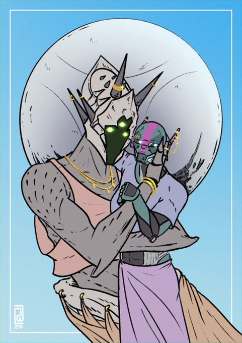 A digital drawing of two original Destiny 2 characters: Heulog-12, an Exo Warlock, and Kysurax, a Lucent Hive Lightbearer Wizard, embracing in front of the Traveler. They are in casual summery wear, t-shirts, tanktops, and lower-body wraps, and both of them are wearing numerous bits of gold jewelry, largely in the form of piercings.