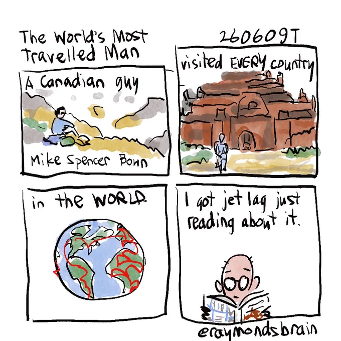Guy by glacier; Guy on bike in front of temple; globe; Guy reading