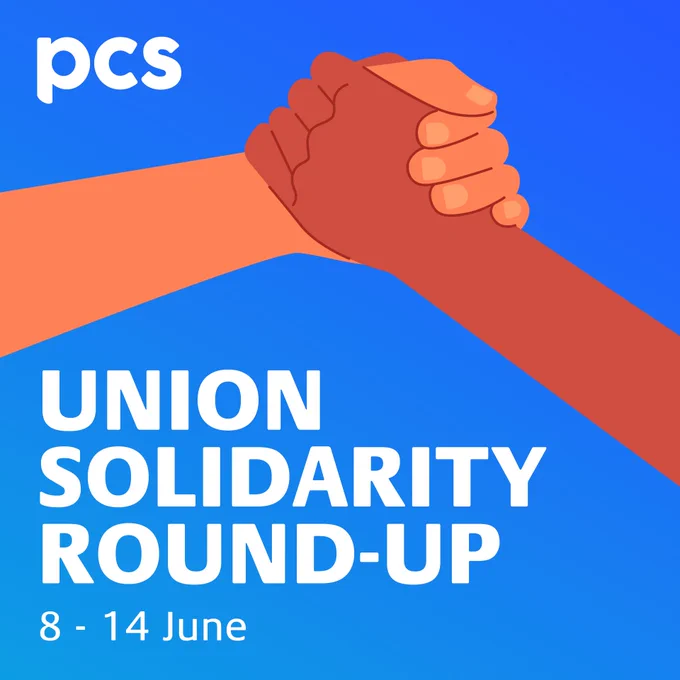 The image shows two hands clasped in solidarity alongside the words union solidarity round-up 8-14 June