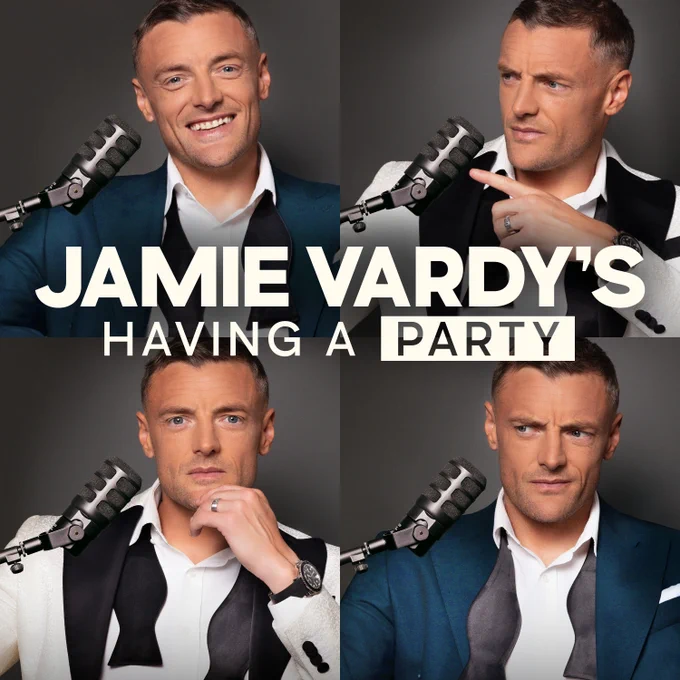 Four images of footballer Jamie Vardy posing wearing a white and blue tuxedo. The wording says Jamie Vardy Is Having A Party.