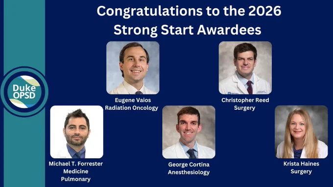 Graphic with a dark blue background and Duke OPSD branding on the left. Large text reads, “Congratulations to the 2026 Strong Start Awardees.” Five professional headshots are displayed with names and departments: Eugene Vaios, Radiation Oncology; Christopher Reed, Surgery; Michael T. Forrester, Medicine, Pulmonary; George Cortina, Anesthesiology; Krista Haines, Surgery.