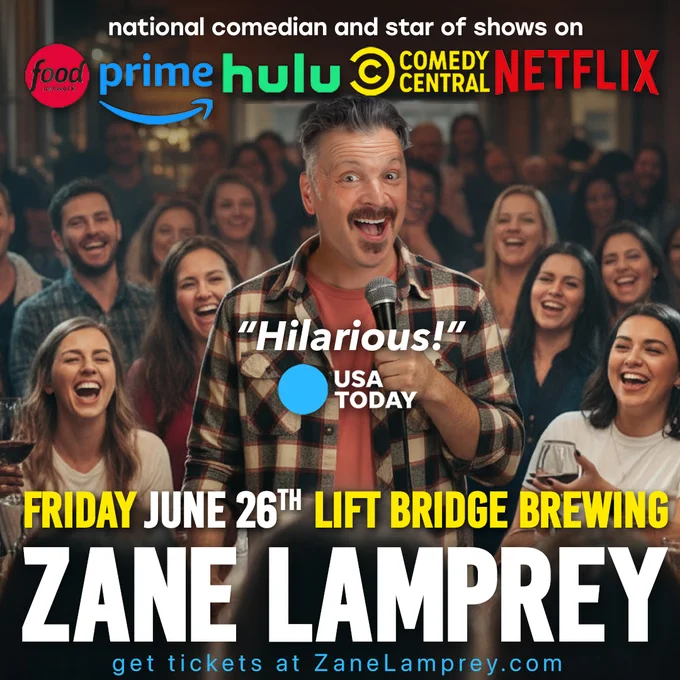 A promotional image for a comedian's show featuring logos of streaming platforms and a quote from USA Today. The audience appears engaged and amused.