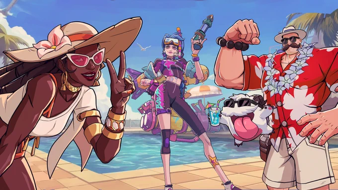 Pool Party Senna, Jinx, and Braum pose on the Kiramman Yacht stage, standing in front of a swimming pool. Senna holds up a peace sign and smiles at the viewer, wearing a large sunhat and pink cat-eye sunglasses. Jinx rests one hand on her hip while the other holds up her zapper gun, smirking confidently. She wears a wetsuit and shark-shaped arm floaties. Braum flexes one arm, wearing black sunglasses and a red-and-white floral shirt. A poro leaps in front of him, holding a tropical drink. 