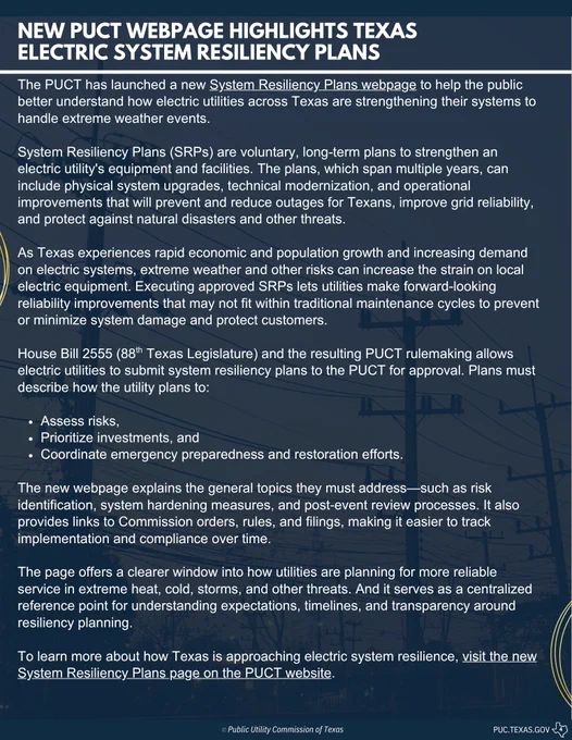Texas PUCT launches a webpage detailing voluntary System Resiliency Plans to enhance electric grid reliability and disaster protection.