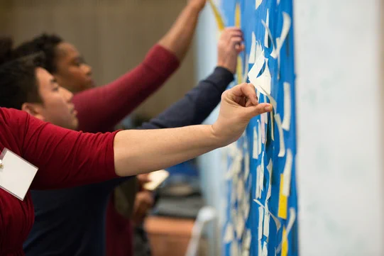 People in a meeting applying sticky notes to a white board.