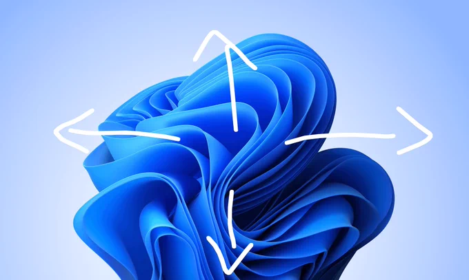 It's the default Windows 11 Bloom wallpaper (a bunch of swishy blue folds, loosely resembling a flower or bush). White lines have been drawn pointing to each of the sides of the image