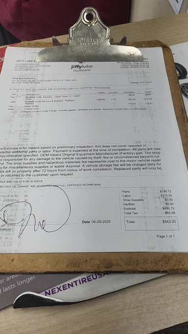 Bill showing estimate for $543.20