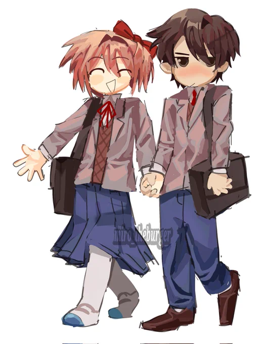 sayori and mc from ddlc take a lovely stroll while holding hands like a cute couple (they are)