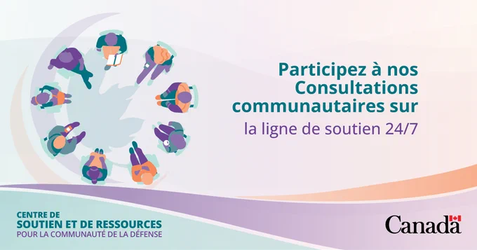 Visuel promotionnel invitant à participer à des consultations communautaires, avec une illustration abstraite de personnes disposées en cercle autour d’une forme centrale, accompagné du texte : « Participez à nos consultations communautaires sur : la ligne de soutien 24/7; », ainsi que les logos du Centre de soutien et de ressources pour la communauté de la Défense et du mot-symbole Canada.