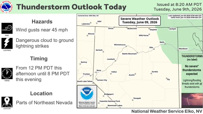 Isolated thunderstorms are expected in parts of Northeastern Nevada from 12 PM PDT this afternoon until 8 PM PST this evening. A few of these thunderstorms could be strong. The primary thunderstorm hazards will be wind gusts near 45 mph and dangerous cloud to ground lightning strikes.
