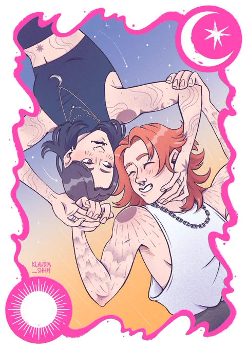 Digital illustration of two women floating through the sky, placed diagonally, with their faces meeting upside down in the middle. They're embracing and smiling at each other. The one representing Moon is wearing dark crop top and skin tight pants, moon inspired silver jewellery and has dark, straight, shoulder length hair. She's smiling. The Sun is wearing a loose top with large cut out for arms and dark pants, has a ginger wolf cut and is grinning. There's a decorative fluo pink border around them with sun and moon symbols and the sky behind them has twilight colours. Stars on the moon side and rays on the sun side meet in the middle behind the characters.