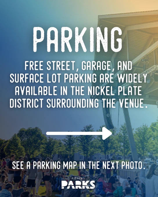 A graphic with text about parking options at an event. It mentions free street, garage, and surface lot parking available in the Nickel Plate District. An arrow points right. The bottom has "Fishers Parks" logo and a note about a parking map in the next photo.