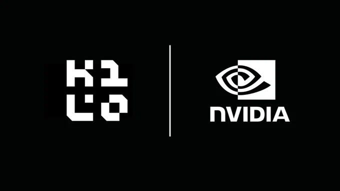 Minimal black graphic featuring the Kilo Code logo on the left and the NVIDIA logo on the right, separated by a thin vertical white line. Both logos are displayed in white against a black background with no additional text or decorative elements. The design emphasizes a partnership or association between Kilo Code and NVIDIA.