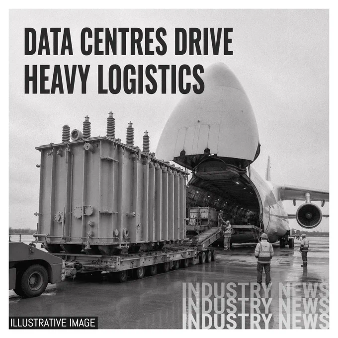 Illustrative image showing an unbranded monochrome airport cargo-ramp scene with a large power transformer being loaded towards an open-nose heavy cargo aircraft, with ground crew on a wet apron and headline text reading “DATA CENTRES DRIVE HEAVY LOGISTICS”.