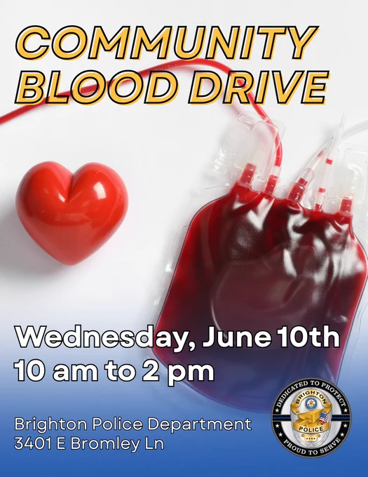 Blood bag connected to a tube next to a red heart shape, promoting a community blood drive on June 10th at Brighton Police Department.