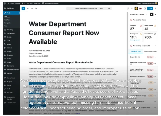 Screenshot of the WordPress block editor with the Accessibility Checker sidebar open. The image includes a large text overlay describing accessibility scan results, but the overlay is positioned directly over the editor content, making portions of both the screenshot and the overlaid text difficult to read.