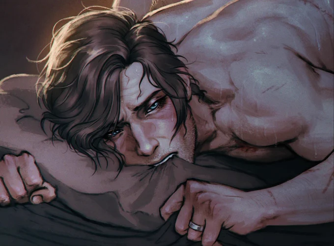 A drawing of Leon S. Kennedy from Resident Evil. He appears to be unclothed with sweat beading across his skin. His face is half buried in a pillow while his hands clutch at bedsheets. Leon's face is flushed pink as he bites into the pillow.
