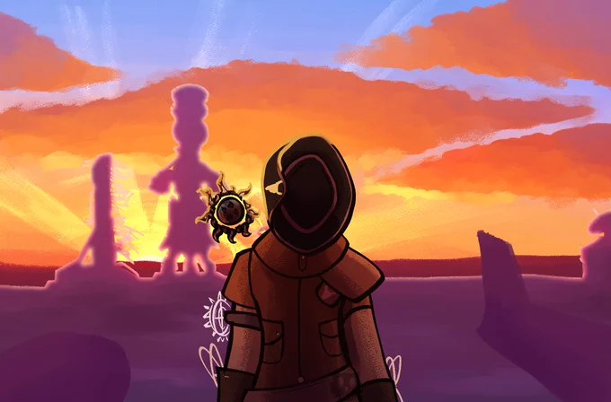 A sunset happens over a old spaceport landscape, a figure with a cowboy hat and a ghost sit in the middle overlooking the sunset.