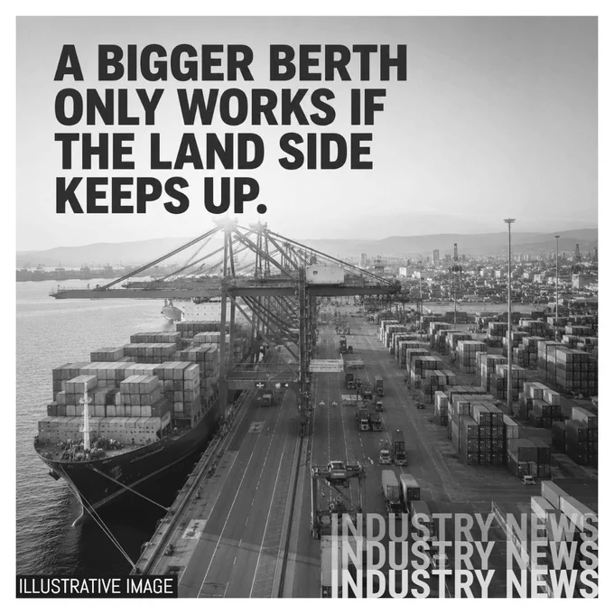 Illustrative image showing a monochrome high-angle view of an unbranded container port, with a large vessel at the quay, cranes, container stacks and landside terminal roads, overlaid with the hook text: A bigger berth only works if the land side keeps up.