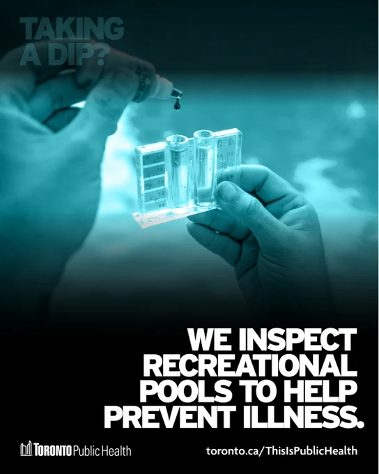 Shows a blue-toned photo of a pair of hands testing water. Now the top text ‘Taking a dip?’ is faded, and the text underneath is bright, ‘We inspect recreational pools to prevent illness.’