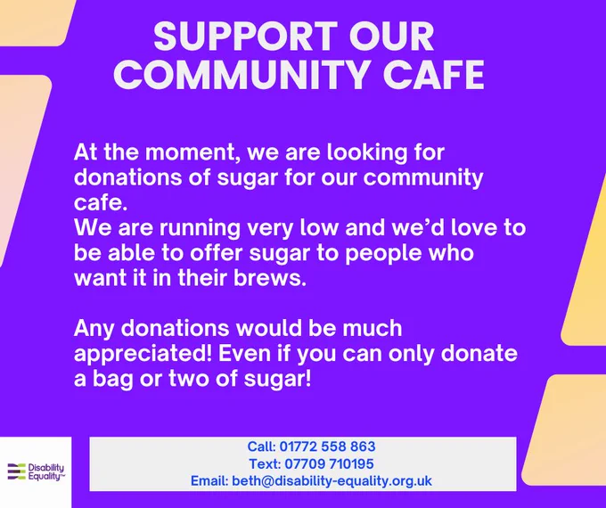 purple graphic with the above text including the extra line - Any donations would be much appreciated! Even if you can only donate a bag or two of sugar! 