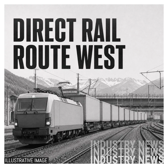 Illustrative image showing an unbranded monochrome freight locomotive hauling intermodal wagons through a European rail corridor, with large text reading DIRECT RAIL ROUTE WEST.