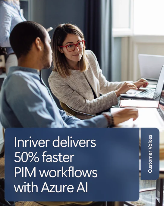 Text reads 'Inriver delivers 50% faster PIM workflows with Azure AI' under 'Customer Voices'.