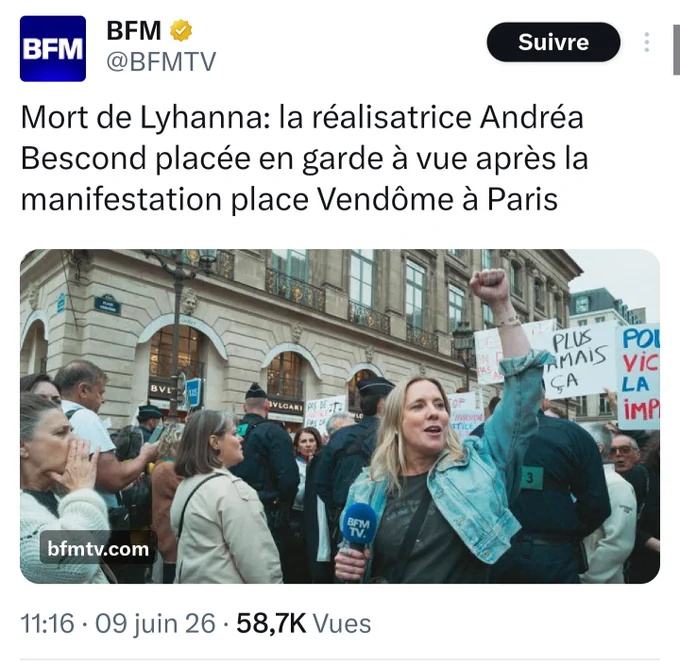 Capture bfm
Mort de Lyhanna : la réalisatrice Andrea bescond placée en garde à vue après la manifestation place Vendôme à Paris
Photo de la manifestation avec Andrea bescond le poing levé 