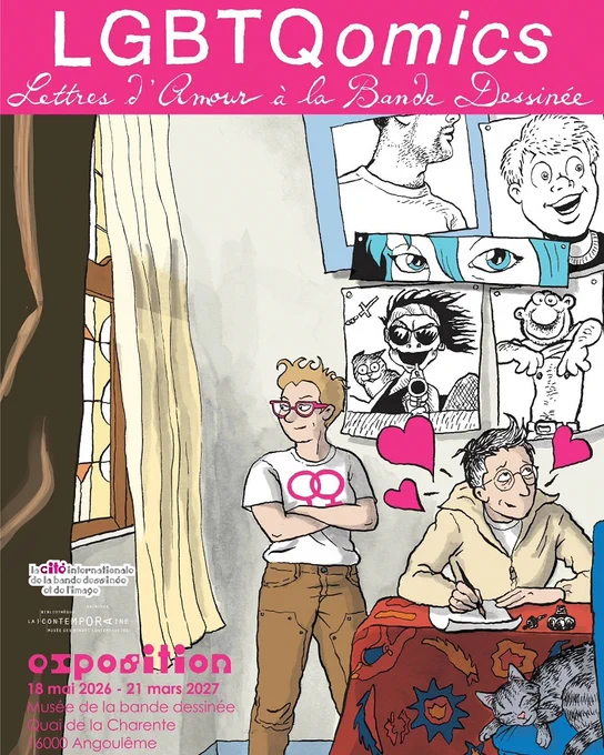 Affiche de l'exposition "LGBTQomics. Lettres d'Amour à la Bande Dessinée"