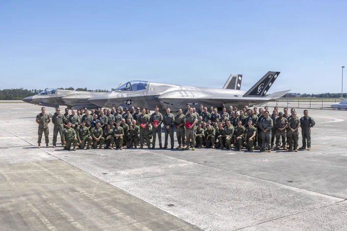 U.S. Marines with Marine Fighter Attack Squadron (VMFA) 231, Marine Aircraft Group 14, 2nd Marine Aircraft Wing, pose for a photo at Marine Corps Air Station Cherry Point, North Carolina, June 4, 2026. VMFA-231 conducted its first flight of the F-35B Lightning II ahead of its official reactivation in the summer of 2026; Marine Attack Squadron (VMA) 231 officially deactivated as one of the U.S. Marine Corps' last AV-8B Harrier II squadrons in 2025. (U.S. Marine Corps photo by Lance Cpl. Bryan Giraldo)