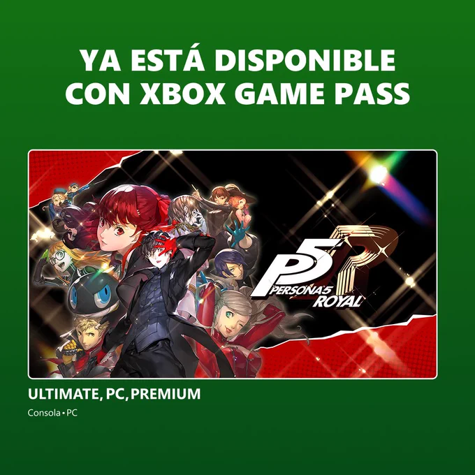 Disponible hoy con XBOX Game Pass:
Persona 5 Royal con XBOX Game Pass Ultimate, XBOX Game Pass PC y XBOX Game Pass Premium en consola y PC.