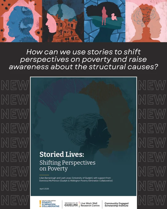 Promotional graphic for a publication titled “Storied Lives: Shifting Perspectives on Poverty,” a collaboration between the Live Work Well Research Centre, Community Engaged Scholarship Institute, and the Guelph & Wellington Poverty Elimination Collaborative. Across the top are four illustrated side‑profile silhouettes of people, each filled with symbolic imagery such as buildings, a cityscape, a caregiver and child figure, and abstract patterns, using muted blues, reds, and earth tones. These illustrations represent the different characters and stories in this project. Centered text reads, “How can we use stories to shift perspectives on poverty and raise awareness about the structural causes?”