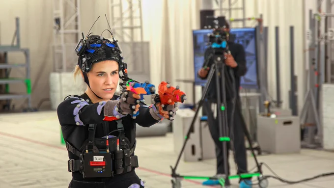 Alix Wilton Regan in a mocap session for Tomb Raider: Legacy of Atlantis.