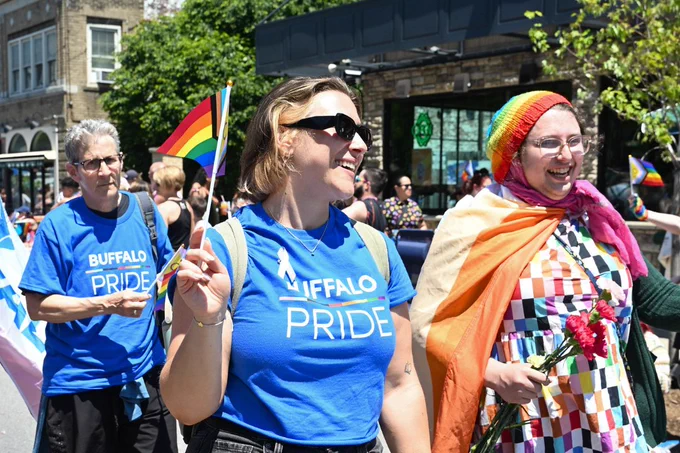 Smiling people walk in a Buffalo Pride parade. A person in a blue 'BUFFALO PRIDE' shirt, sunglasses, and black shorts holds a rainbow flag. Next to her, a person in a rainbow beanie, colorful checkered dress, and scarf holds flowers. Another in a 'BUFFALO PRIDE' shirt follows.