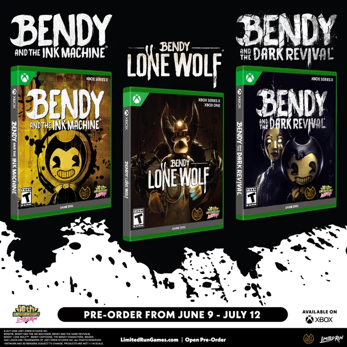 Bendy and the ink machine, Bendy Lone Wolf, and Bendy The Dark Revival for XBOX. Pre-order from June 9th through July 12th.