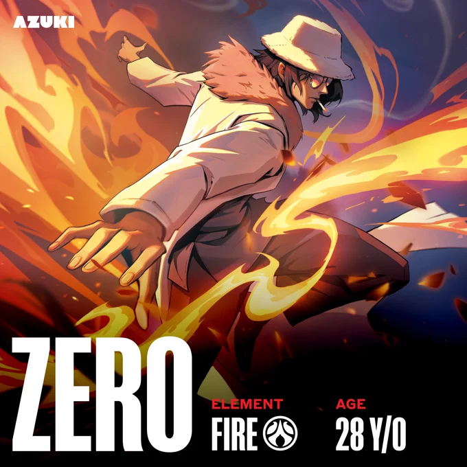 An anime illustration featuring the character Zero, who controls fire. The character is mid-action, surrounded by flames, conveying a dynamic and intense mood.