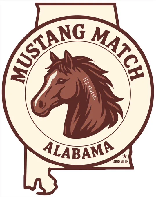Logo featuring a brown mustang horse head inside an outline of Alabama with the text 'Mustang Match Alabama'.