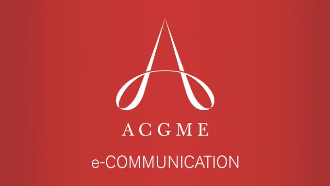 White stylized letter A logo above ACGME text on a solid red background representing e-communication.