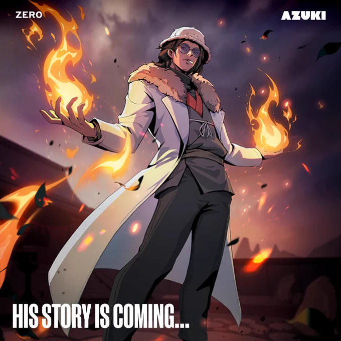 Animated character wearing a white coat with fur collar stands confidently with flames in both hands. The scene is dramatic with a dark background and glowing embers, suggesting a mystical or fantasy setting.