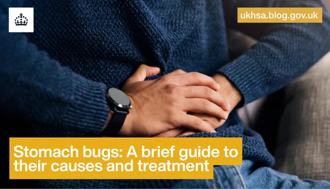 A person grabbing their stomach in pain. Text overlayed reads: Stomach bugs: A brief guide to their causes and treatment