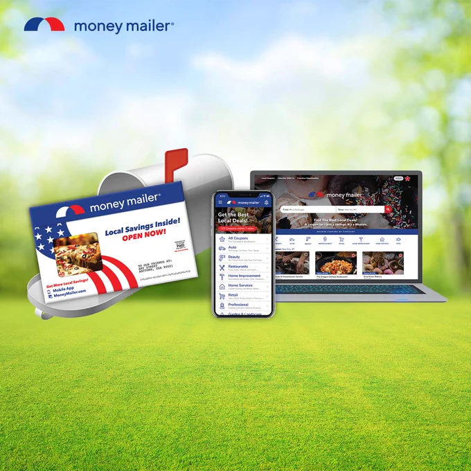 Money Mailer promotional mailer, smartphone app, and laptop website showcasing local deals and savings offers.
