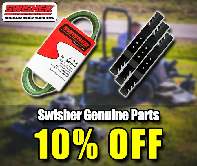 Promotional image advertising 10% off Swisher genuine parts, featuring a V-belt and mower blades. The image conveys a commercial tone targeted towards those interested in lawn care equipment.