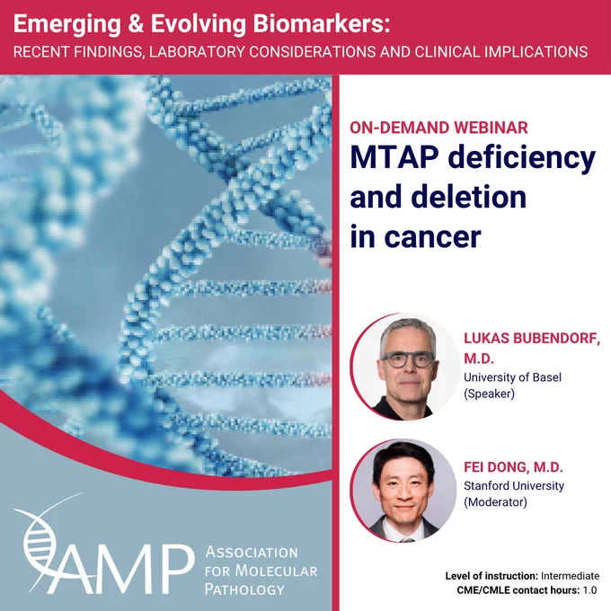 Graphic contains a close-up of a DNA double helix illustrating molecular biology. It's advertising a webinar on MTAP deficiency and deletion in cancer, which will be held at noon Eastern on June 4.