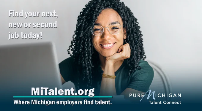 Young woman with laptop open smiling. Text on image says, "find your next, new or second job today! MiTalent.org, where Michigan employers find talent."