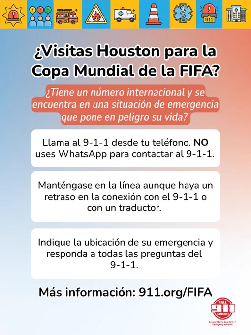 Instructions for international visitors in Houston on how to call 9-1-1 during FIFA World Cup emergencies without using WhatsApp.