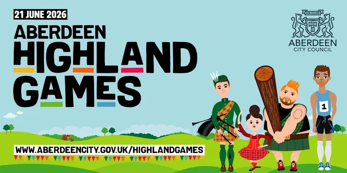 Aberdeen Highland Games on 21 June 2026, featuring cartoon characters like a bagpiper, dancer, strongman, and runner.