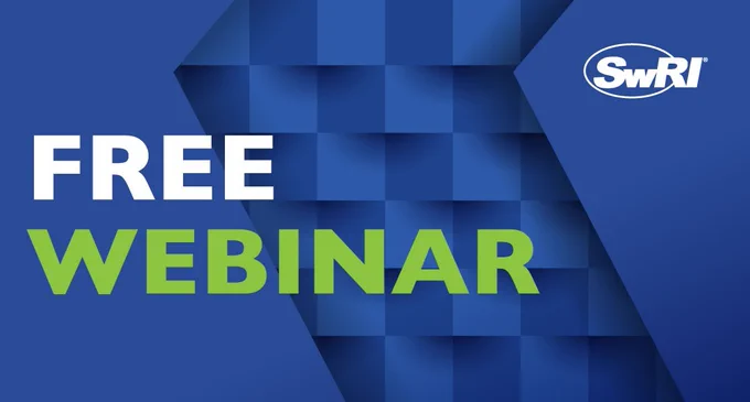 Blue background with checkered pattern featuring bold text announcing a free webinar and the SwRI logo.