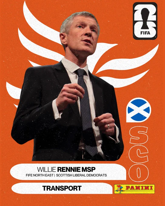 Panini world cup style sticker for Willie Rennie.

Fife North East - Scottish Liberal Democrats.

Transport.