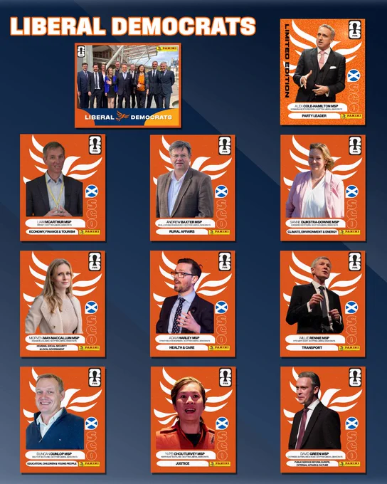 Set of Panini World Cup style stickers for each Liberal Democrat MSP with their new portfolio.